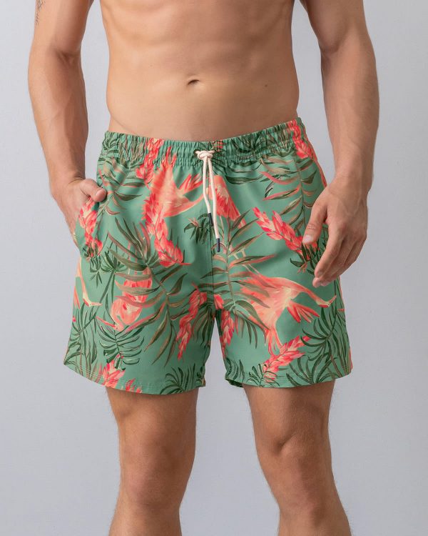 badeshorts hellgrün mit tropical print palmen und vogelprint